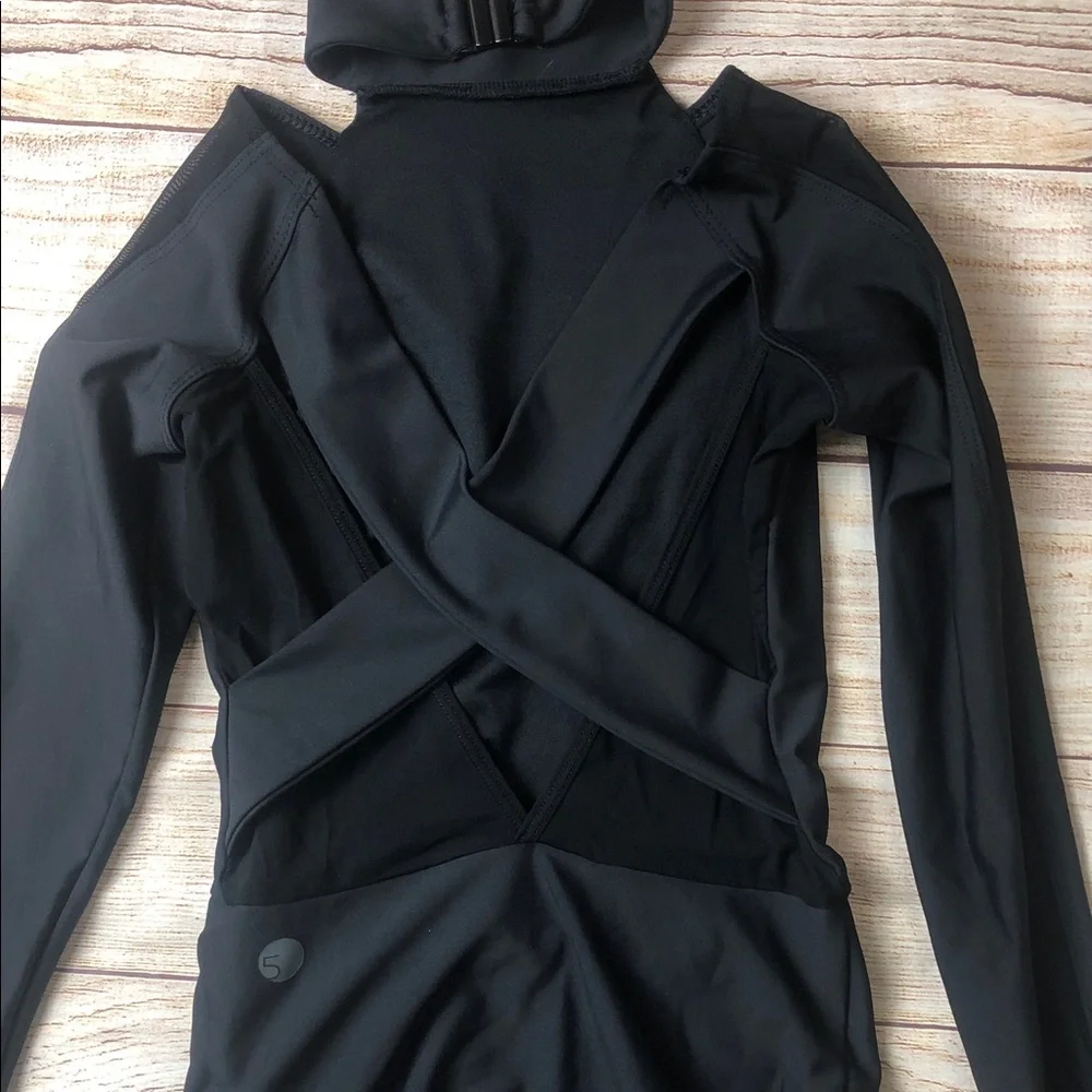 Black Cold-Shoulder‎ Mesh Long Sleeve Dance Leotard with High Neck
